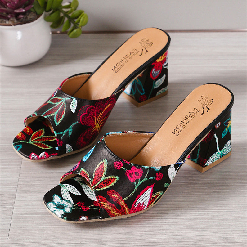 Mules ouvertes pour femmes avec motif floral et talon bloc confortable R&B