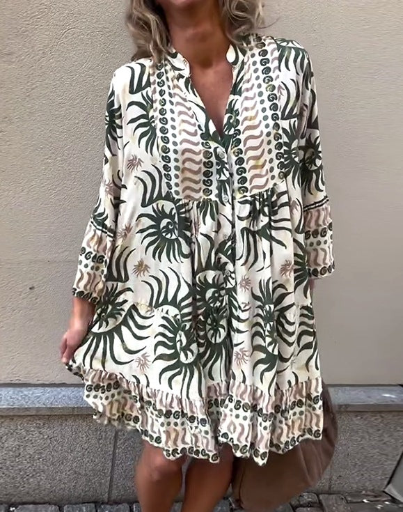 Tunique en viscose légère pour femmes avec patte de boutonnage, taille empire froncée, poignets élastiques et volants R&B