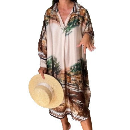 Robe chemise en aspect soie pour femmes au style caftan avec imprimé côtier illustratif R&B