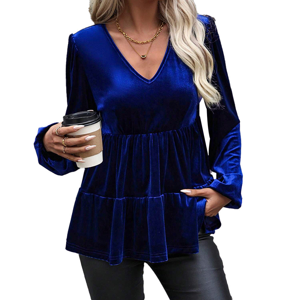 Top en velours à volants peplum pour femmes avec décolleté en V, taille froncée et manches ballon longues