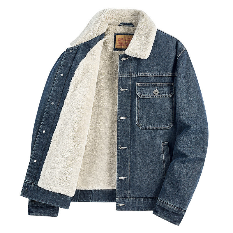 Veste en denim chaude pour hommes avec col en fausse fourrure