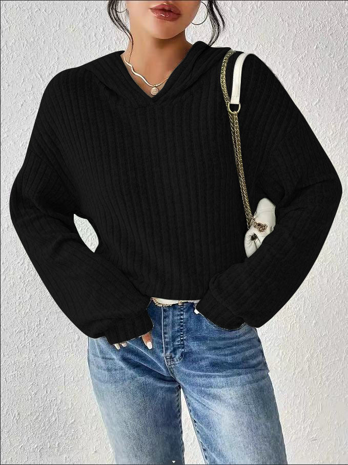 Pull à capuche côtelé pour femmes avec silhouette cropped décontractée Echoarchiv