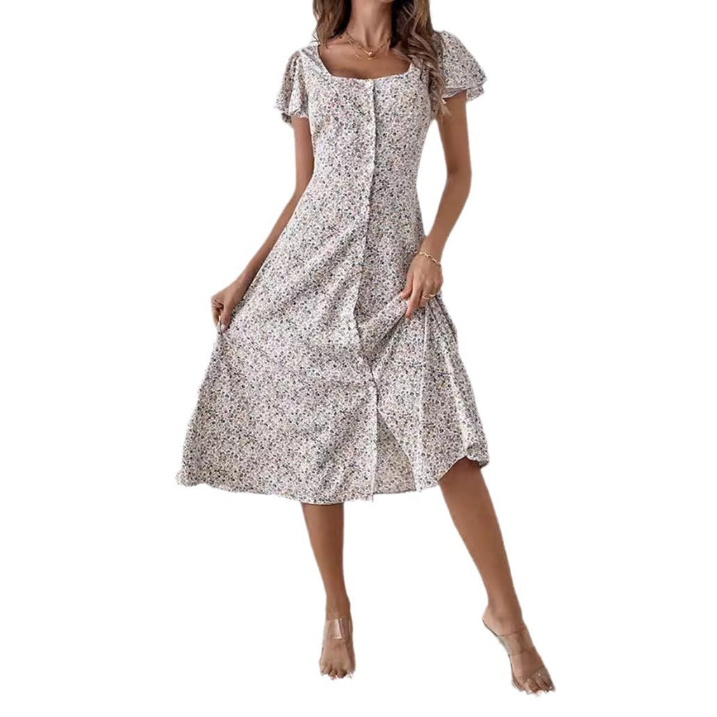 Robe midi cintrée pour femmes avec décolleté carré, patte de boutonnage cachée et jupe fluide en A R&B