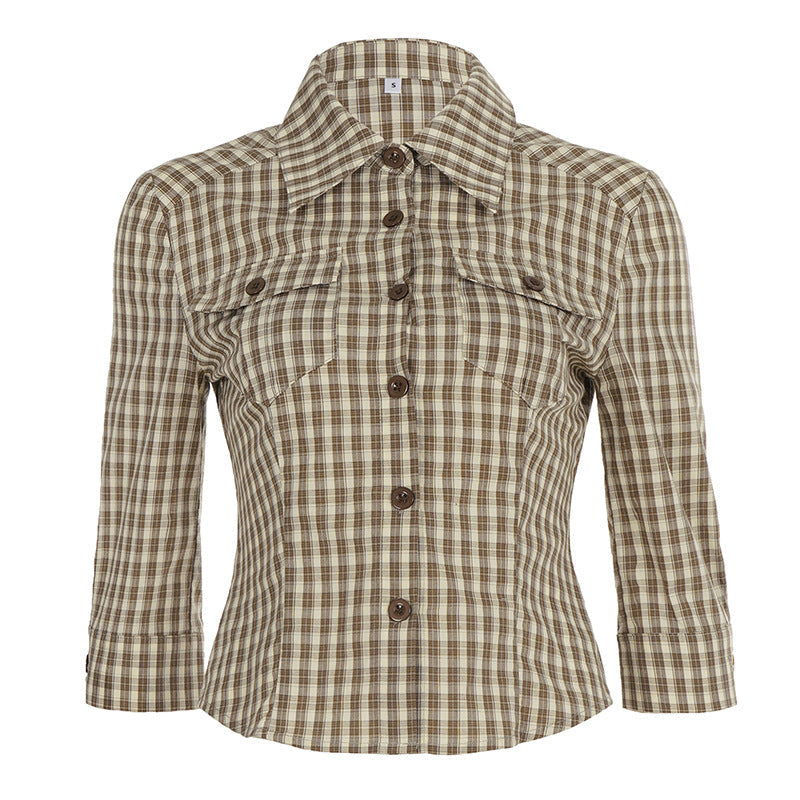 Blouse à carreaux cintrée à manches trois-quarts pour femmes avec poches poitrine et col de chemise Echo Archiv