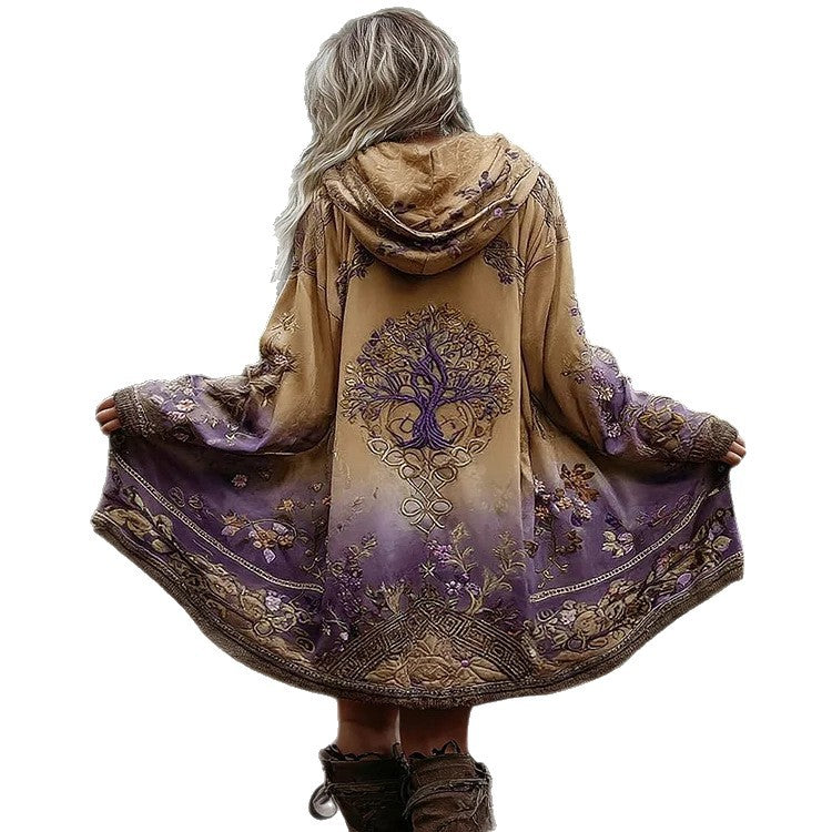 Manteau à capuche Boho pour femmes en coupe évasée avec motif arbre et dégradé Echoarchiv