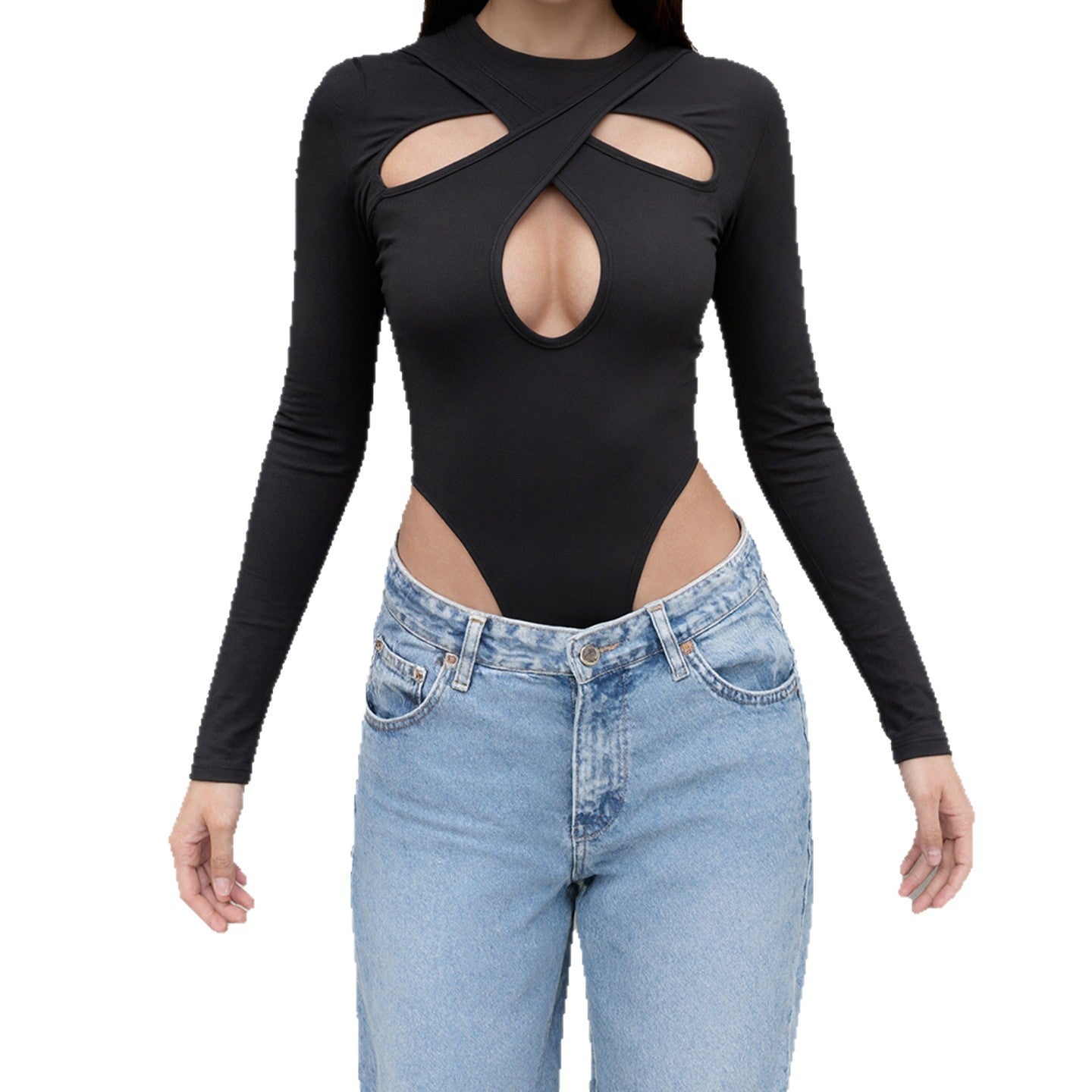 Body à manches longues pour femmes avec un design croisé raffiné et taille haute R&B