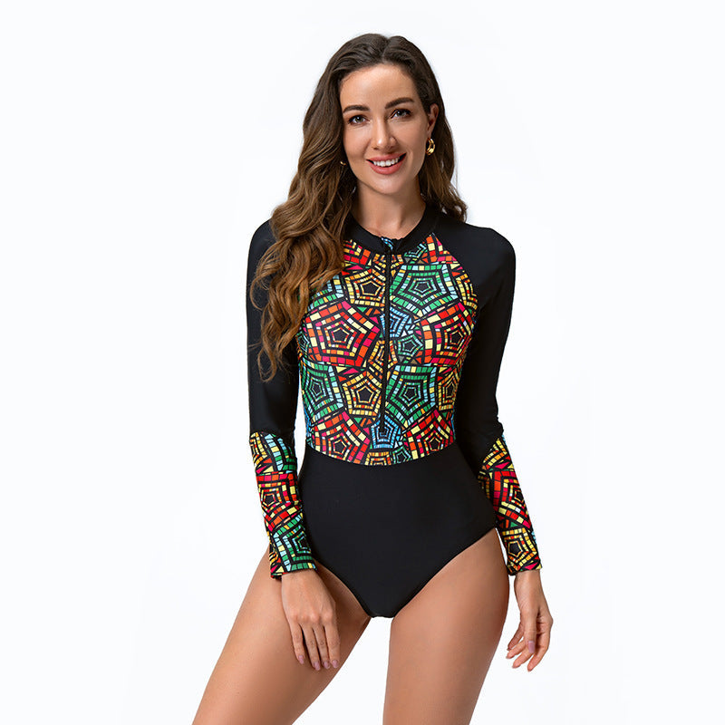 Maillot de bain à manches longues pour femmes avec fermeture éclair stylée et motif coloré R&B