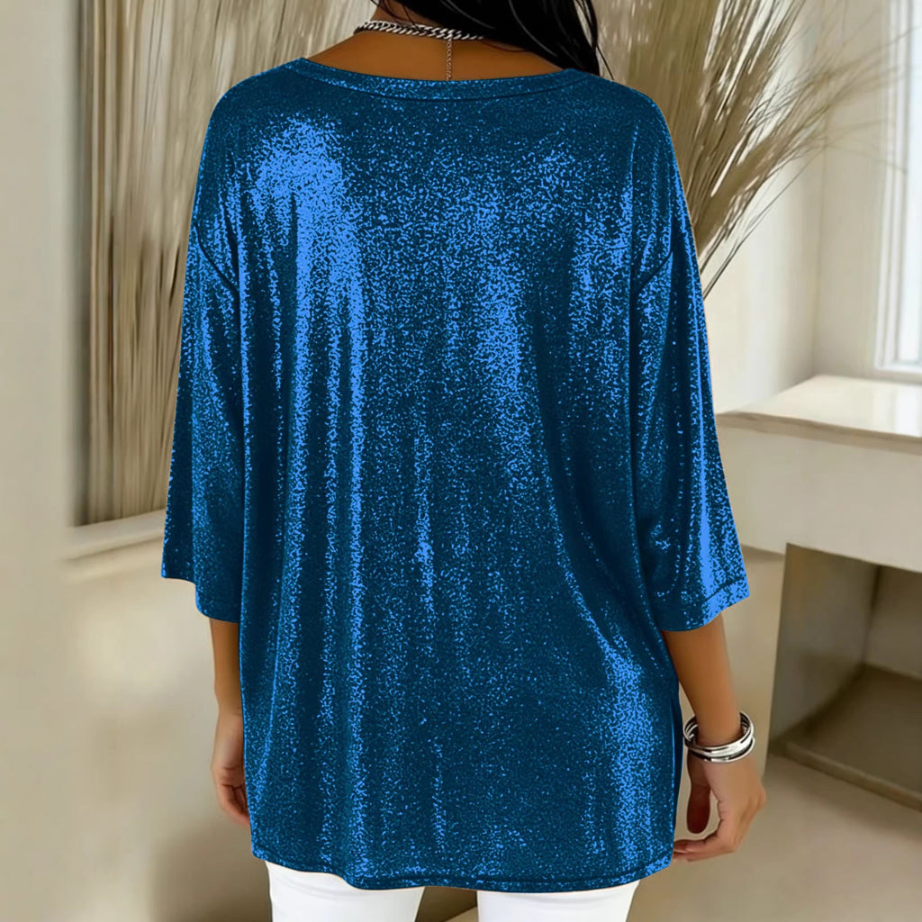 Blouse tunique scintillante pour femmes avec décolleté en V, manches chauve-souris et fentes latérales Echoarchiv
