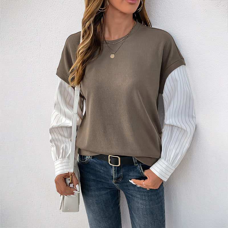T-shirt long casual pour femmes avec haut en rib et manches de blouse rayées Echoarchiv