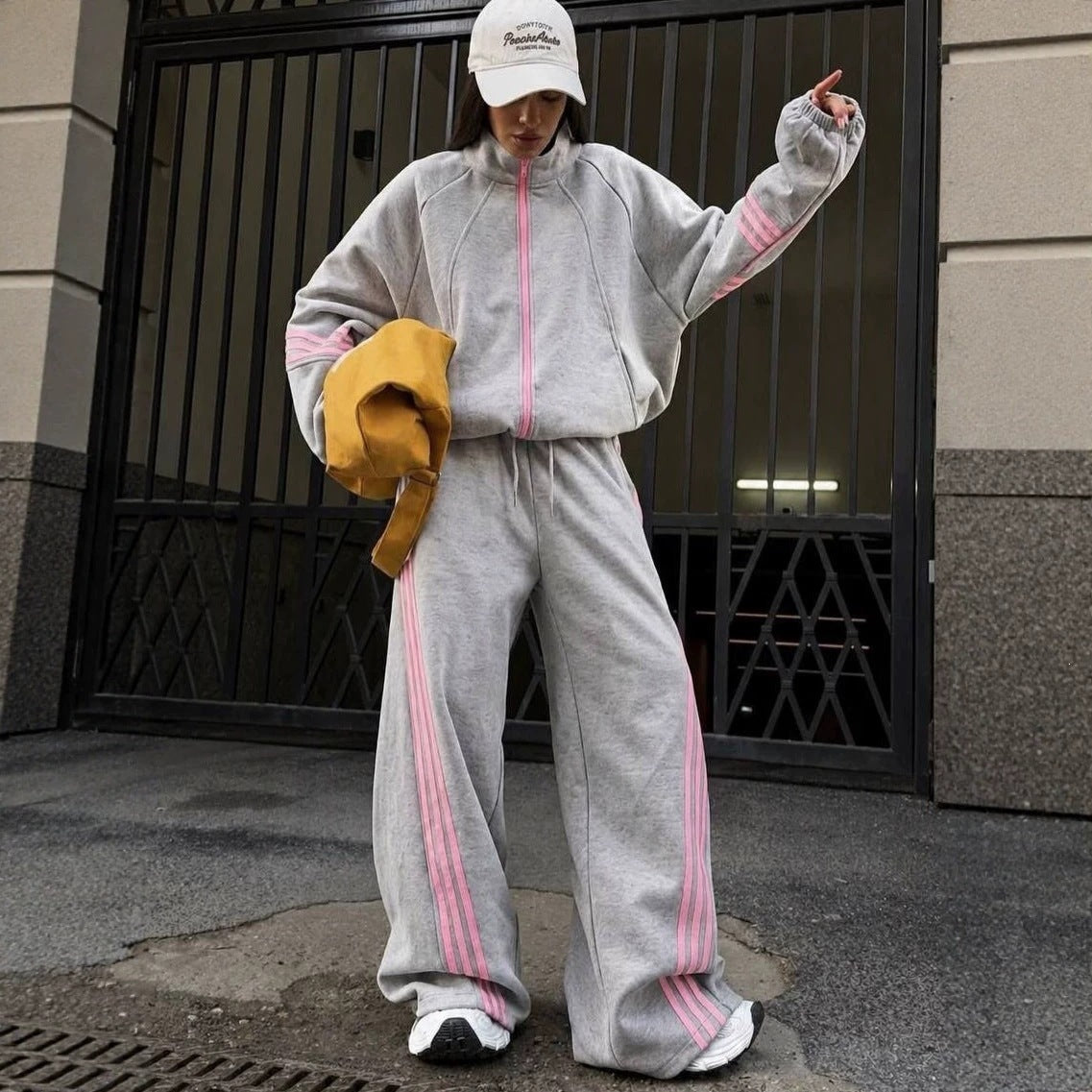 Ensemble de jogging ample pour femmes en polaire de coton avec fermeture éclair et bandes contrastées latérales Echoarchiv
