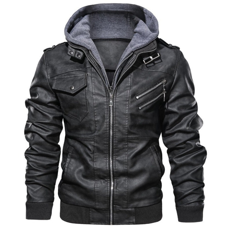 Veste en cuir pour hommes avec capuche, look vintage de biker et plusieurs poches zippées Echo Archiv