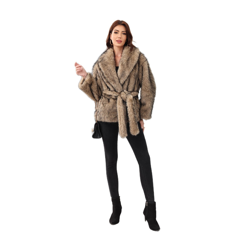Veste Femme en Fourrure Synthétique avec Ceinture et Grand Col