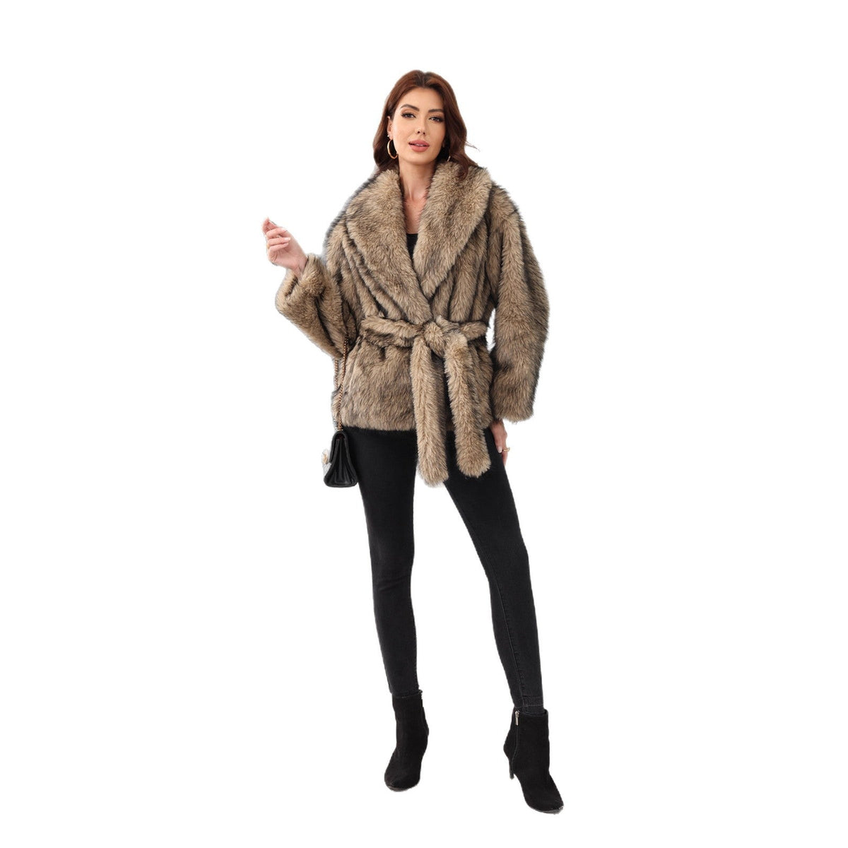 Veste Femme en Fourrure Synthétique avec Ceinture et Grand Col