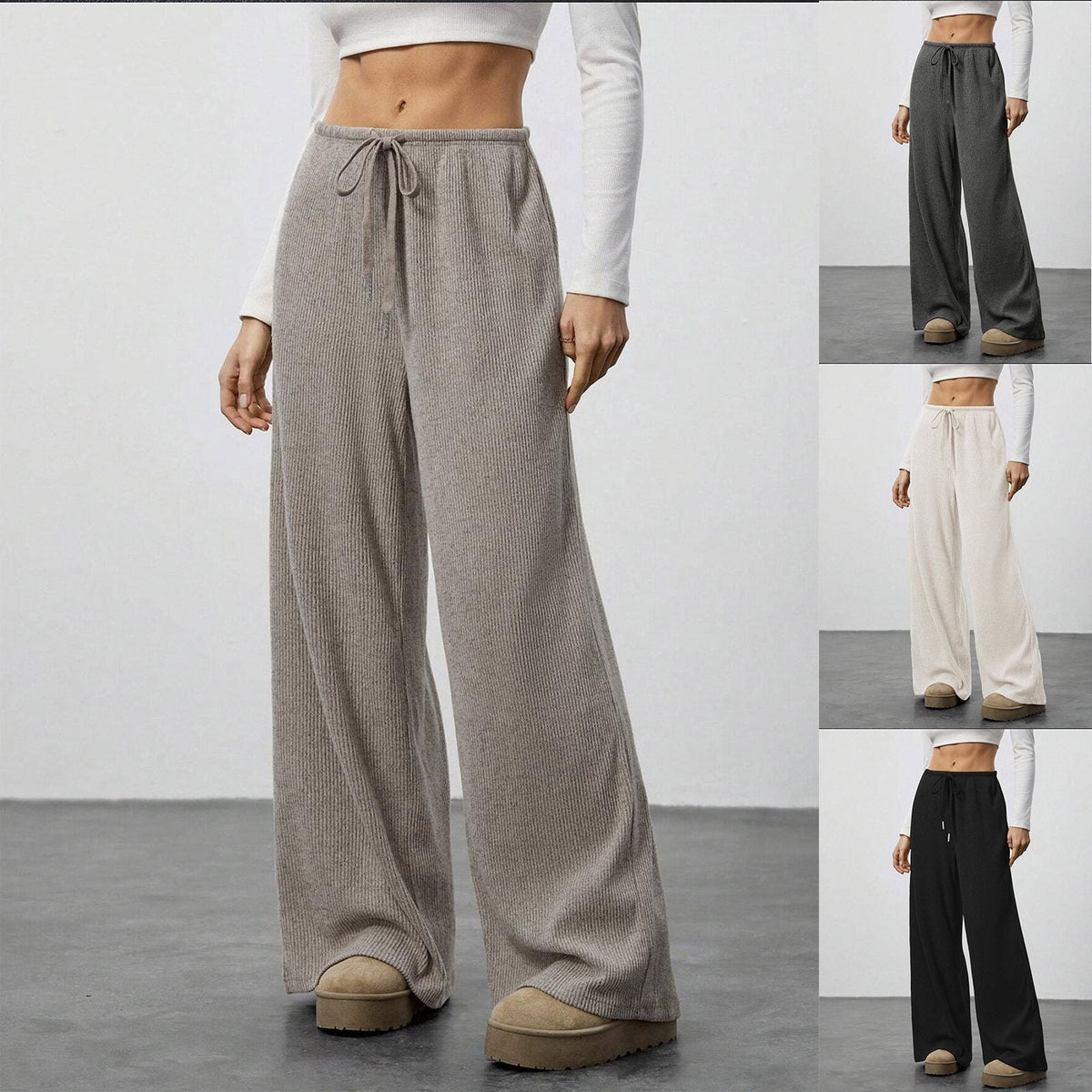Pantalon de lounge en tricot côtelé doux pour femmes avec jambe large et cordon Echoarchiv