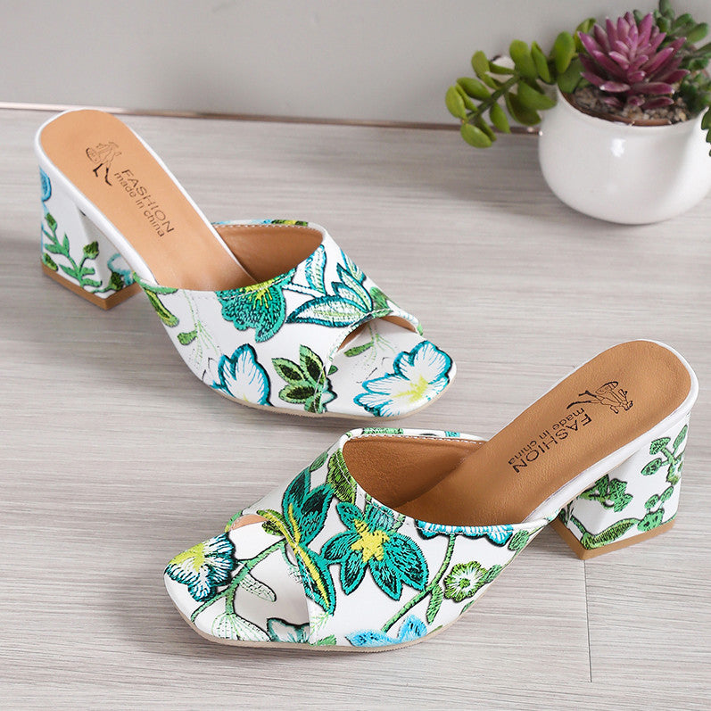 Mules ouvertes pour femmes avec motif floral et talon bloc confortable R&B