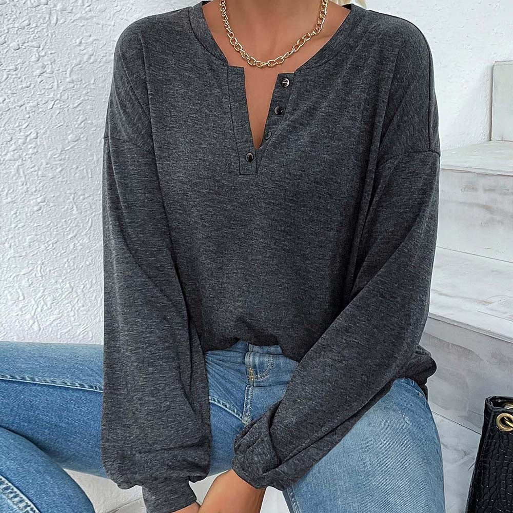 T-shirt long Henley oversize décontracté pour femmes avec patte de boutonnage en V et manches ballon