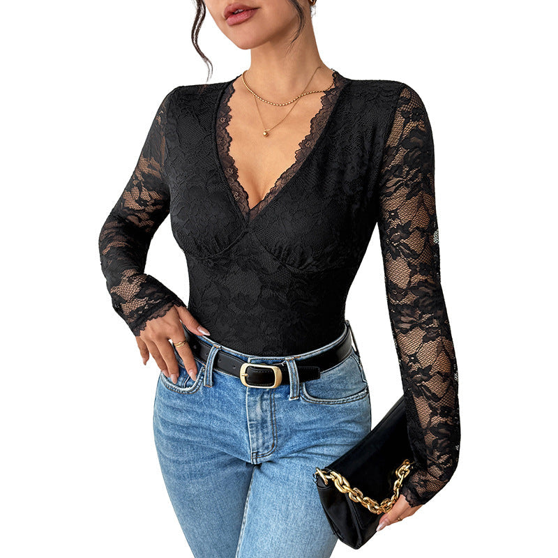 Body en dentelle élégante pour femmes avec division corset et manches transparentes longues Echoarchiv