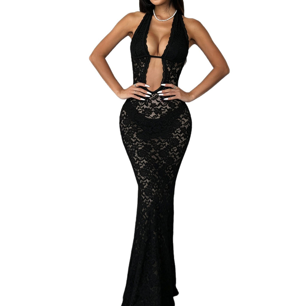 Robe en dentelle séduisante pour femmes avec décolleté en V profond et découpes latérales R&B