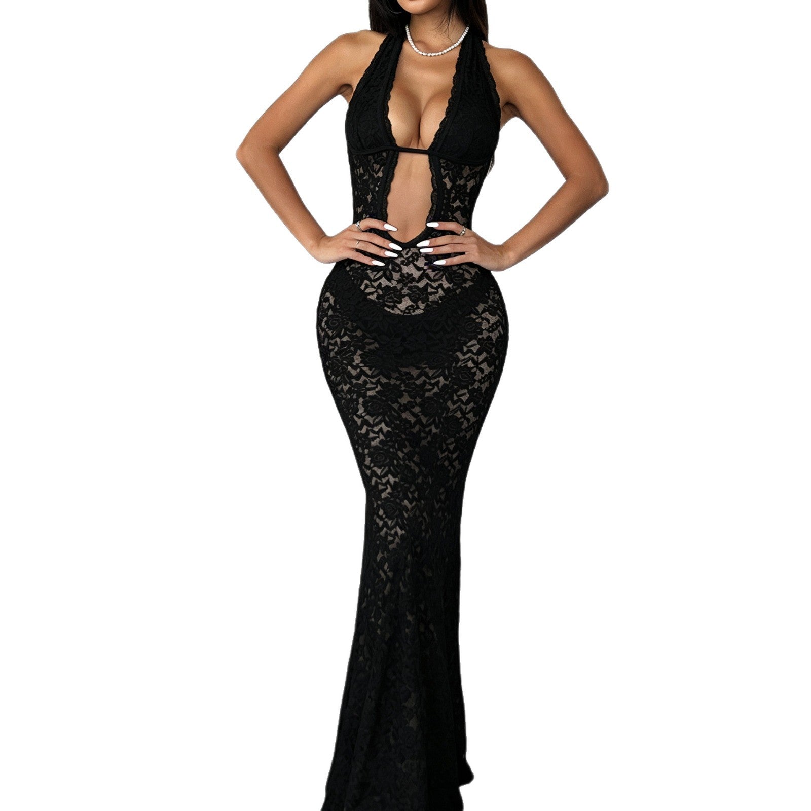 Robe en dentelle séduisante pour femmes avec décolleté en V profond et découpes latérales R&B