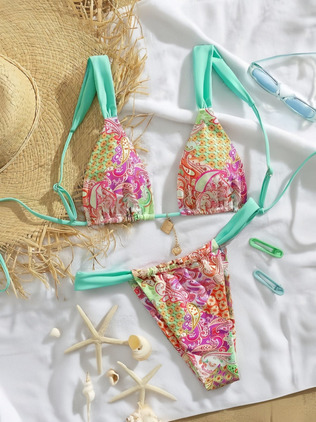 Bikini triangle pour femmes avec motif paisley coloré et bretelles réglables R&B