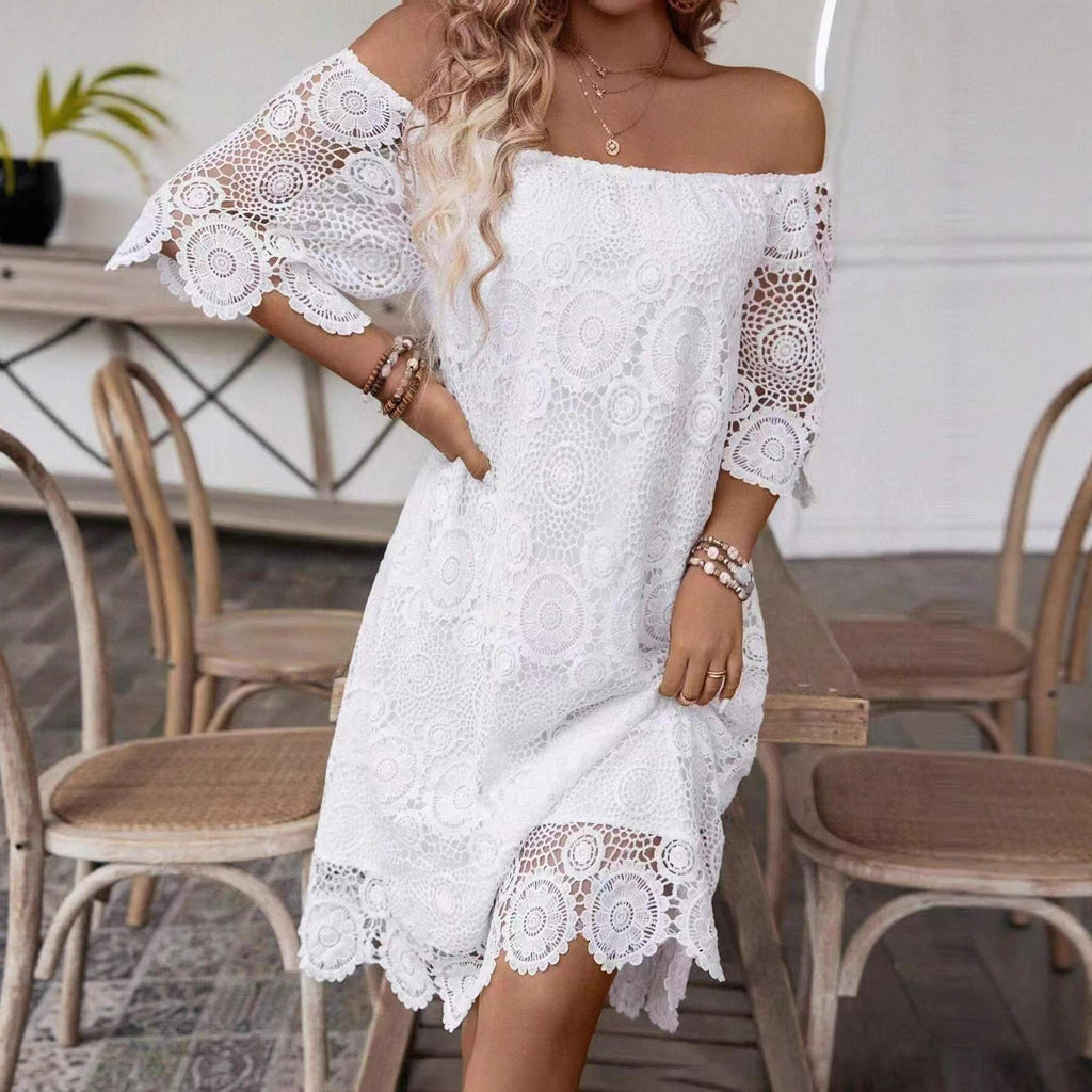 Robe midi en crochet sans épaules pour femmes avec décolleté Carmen et bordure en dentelle florale R&B