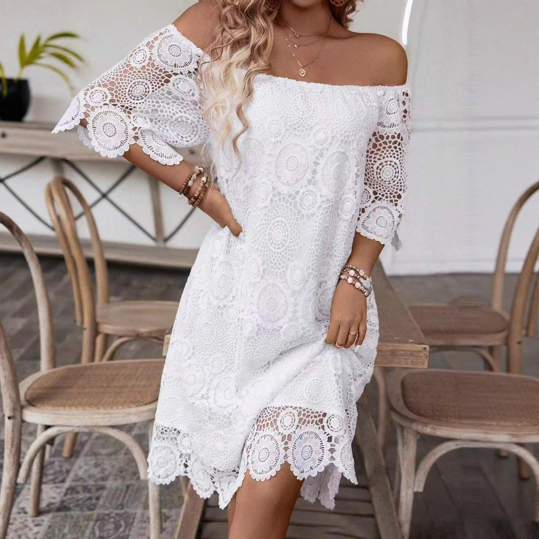 Robe midi en crochet sans épaules pour femmes avec décolleté Carmen et bordure en dentelle florale R&B