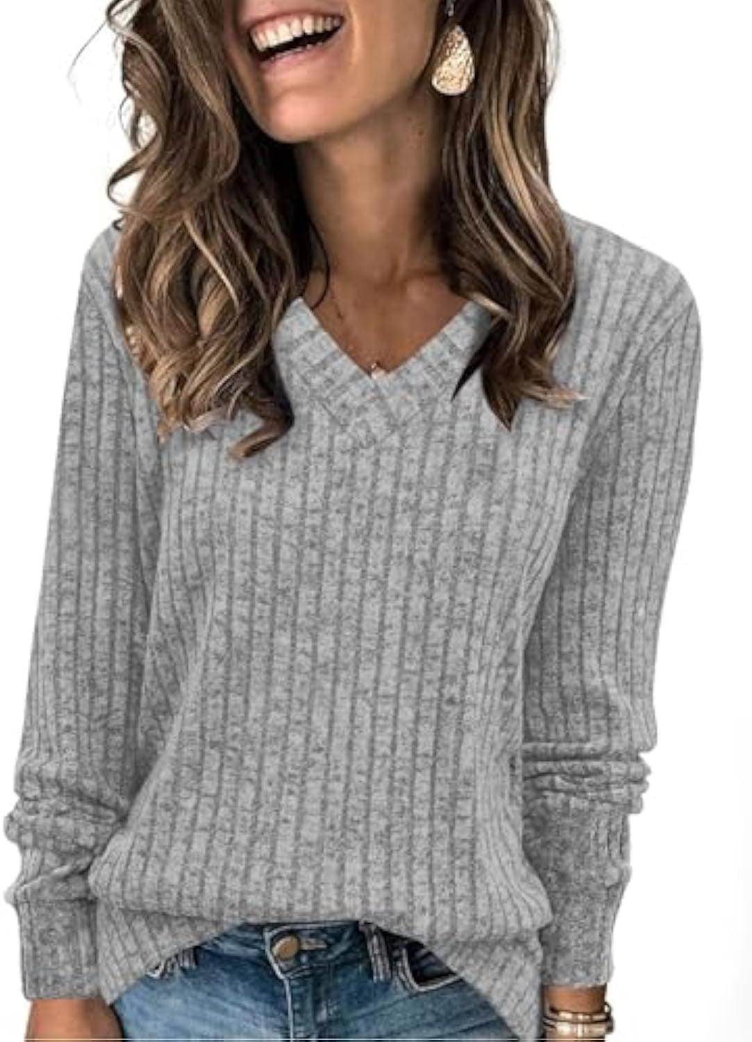 Pull fin à col V côtelé pour femmes