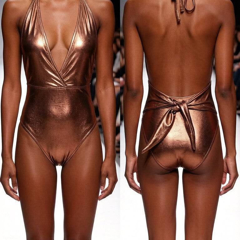 Maillot de bain une pièce haut de gamme pour femmes avec décolleté en V profond et finition brillante R&B