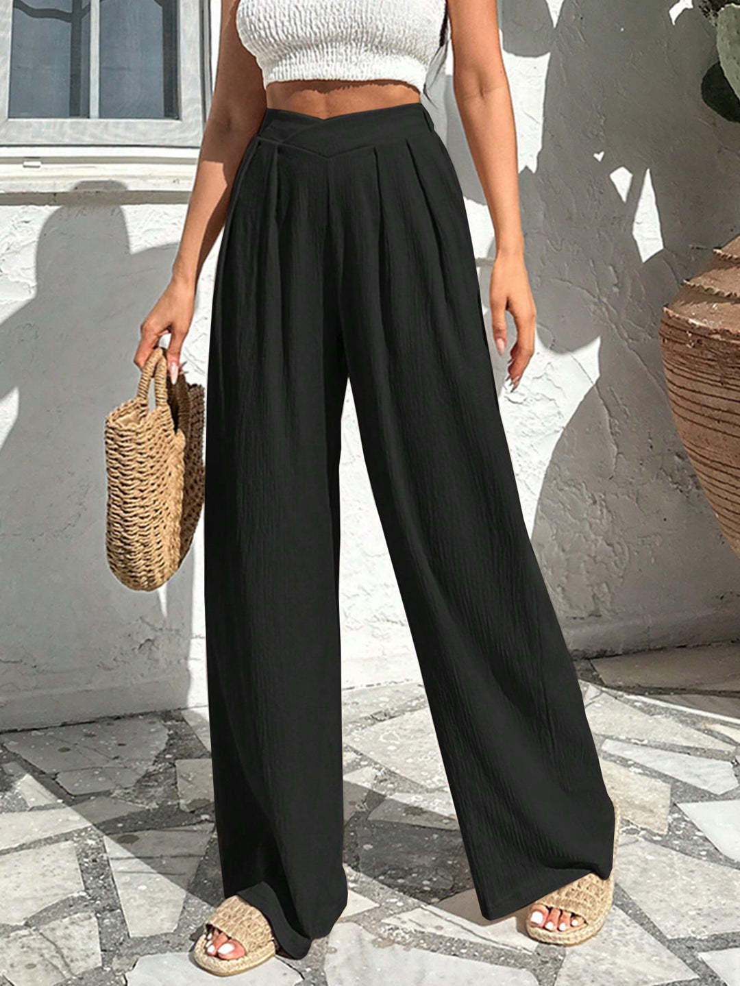 Pantalon en lin taille haute pour femmes avec jambe large et ps