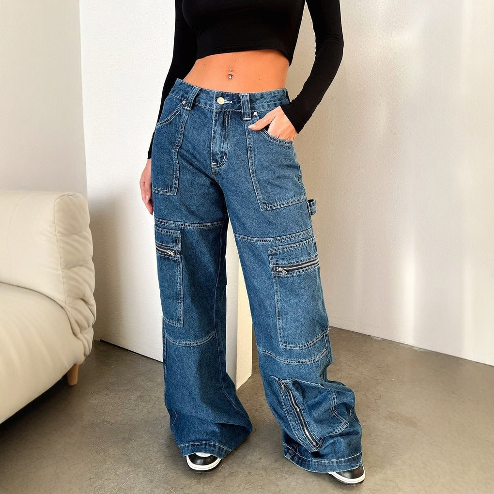 Jean cargo large pour femmes avec plusieurs poches zippées et taille haute Echo Archiv