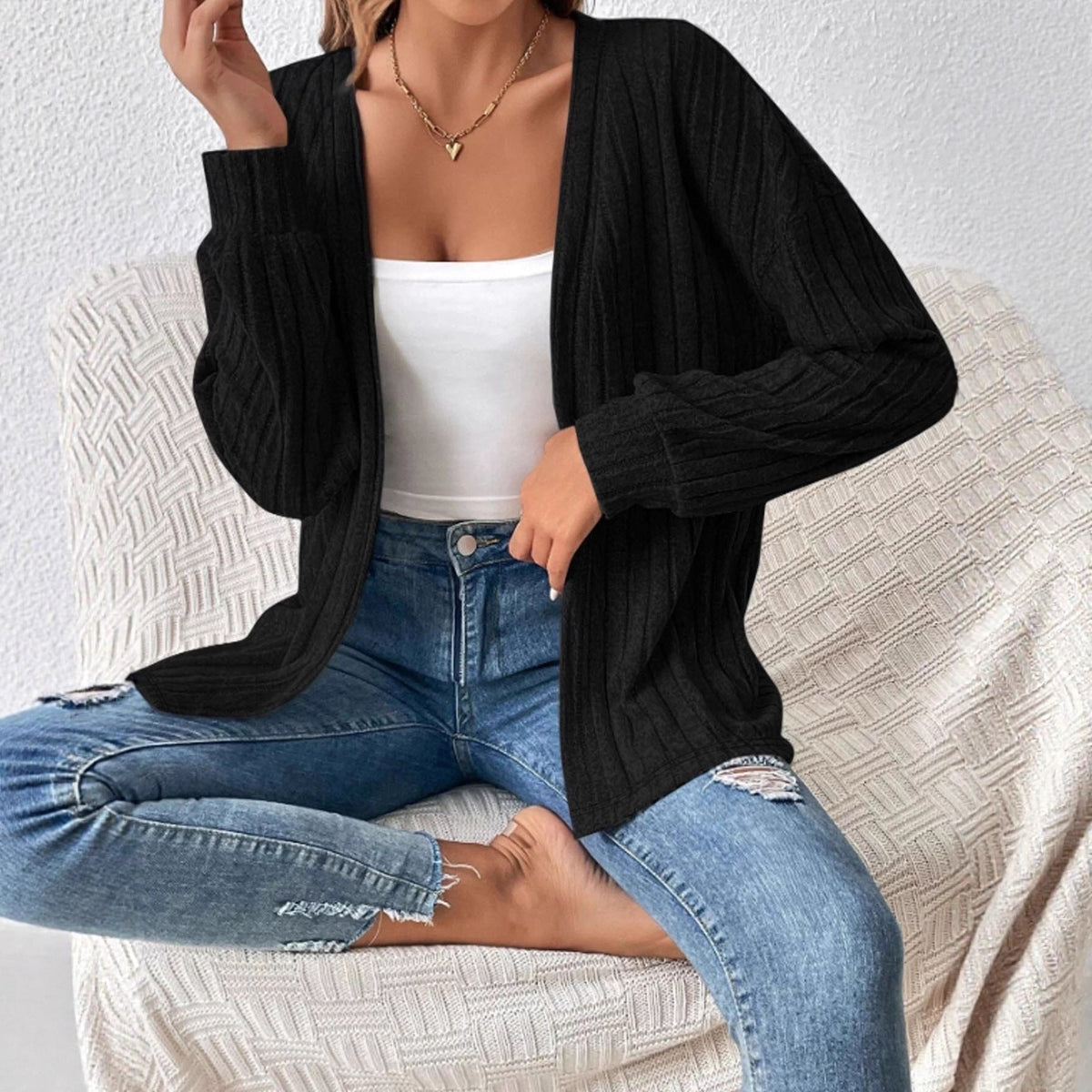 Cardigan long en maille côtelée pour femmes avec manches ballon et devant ouvert Echoarchiv