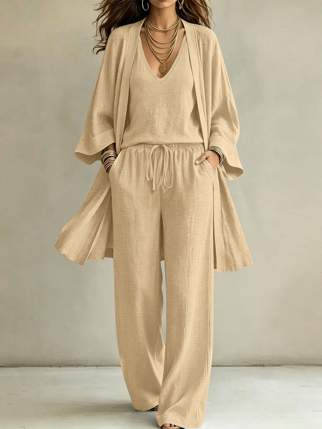 Ensemble de détente décontracté pour femmes avec cardigan kimono, t-shirt à col en V et pantalon large Echoarchiv