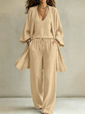 Ensemble de détente décontracté pour femmes avec cardigan kimono, t-shirt à col en V et pantalon large Echoarchiv