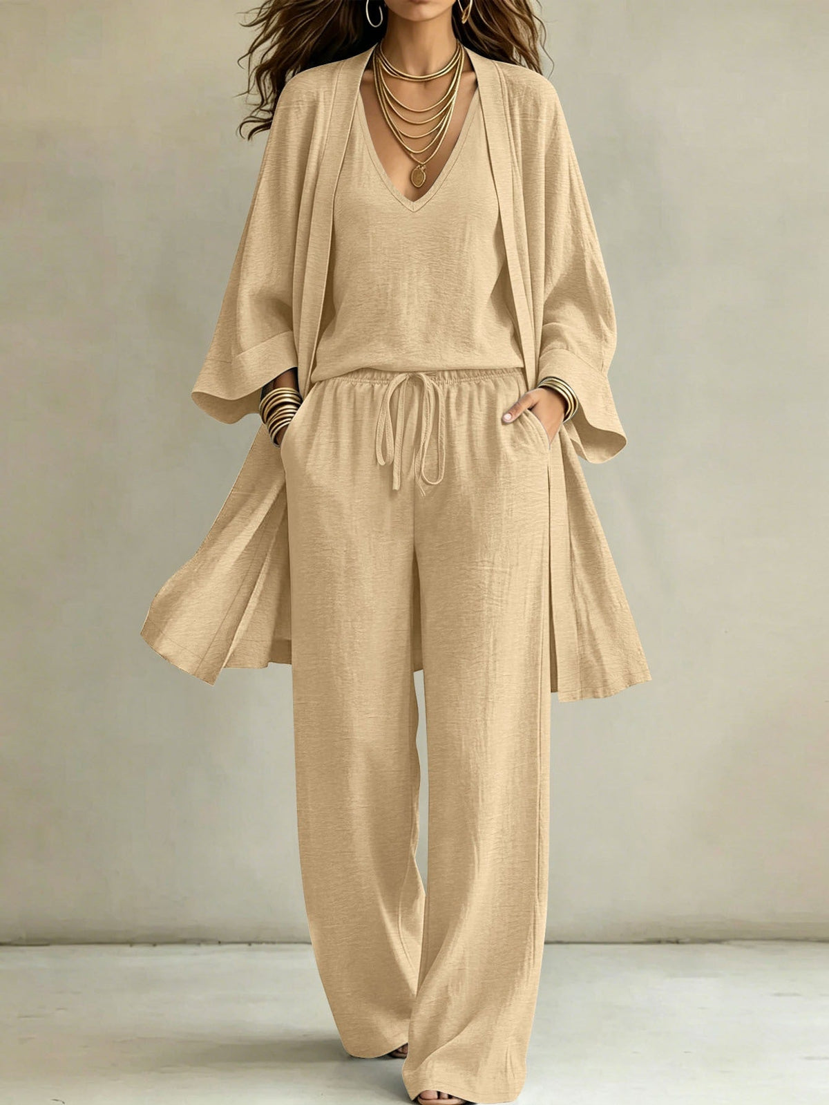 Ensemble de détente décontracté pour femmes avec cardigan kimono, t-shirt à col en V et pantalon large Echoarchiv