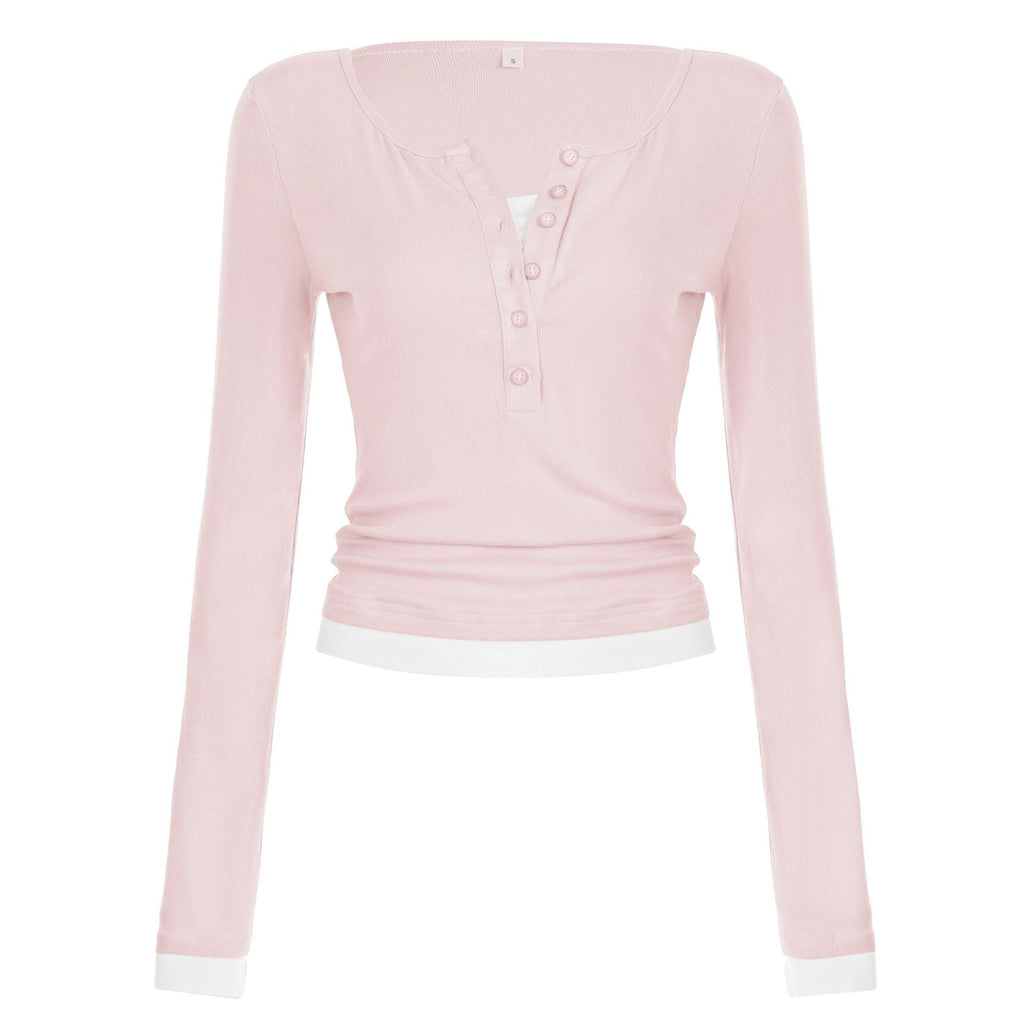 T-shirt Henley cropped ajusté pour femmes avec des bords contrastants Echo Archiv