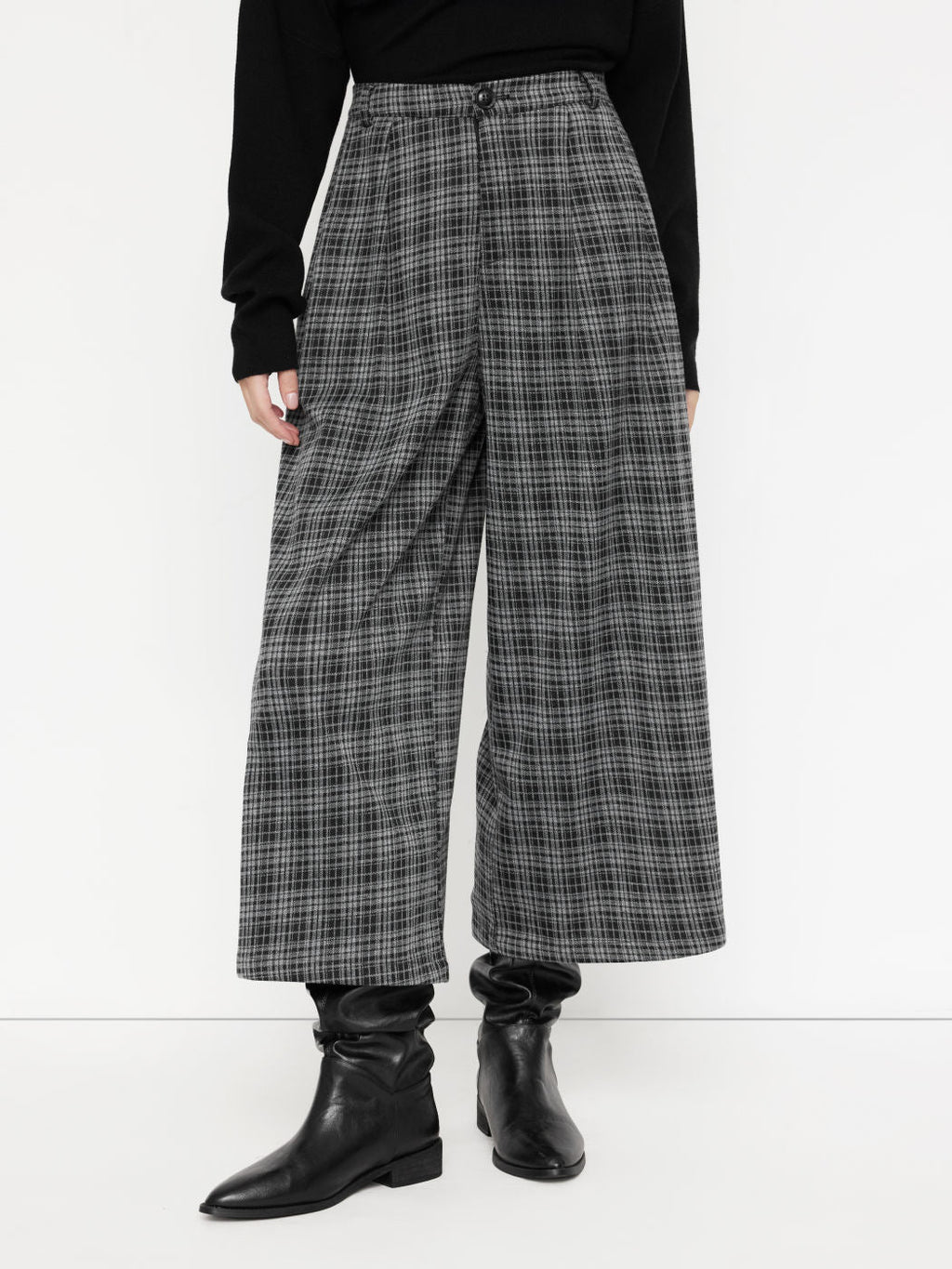 Pantalon large en culotte pour femmes avec motif à carreaux et taille haute