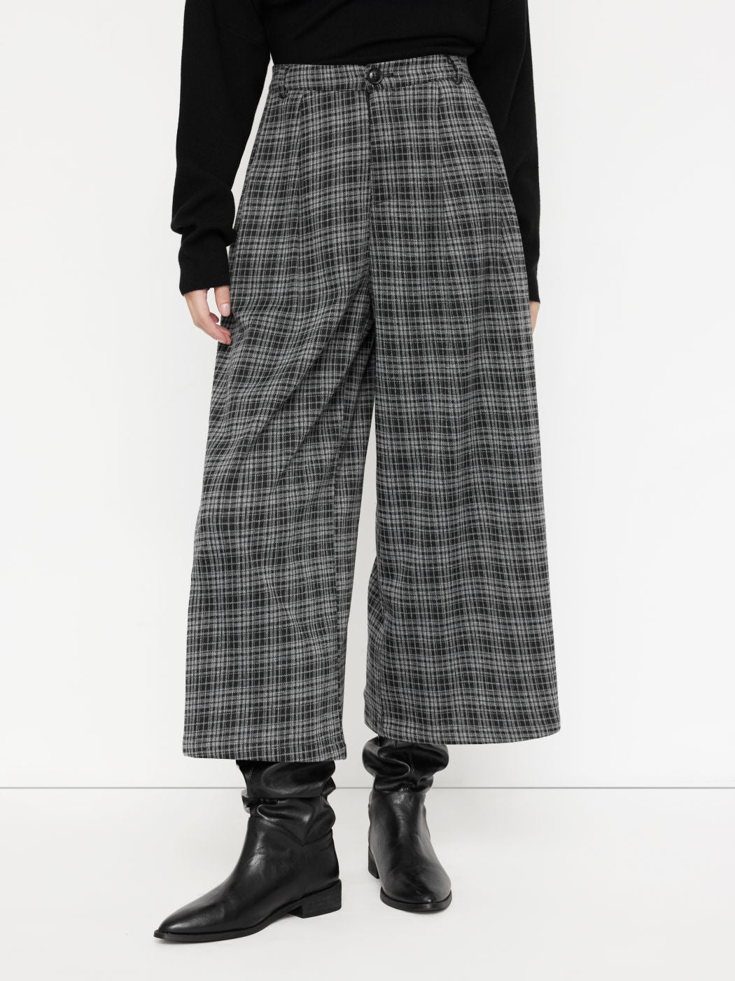 Pantalon large en culotte pour femmes avec motif à carreaux et taille haute