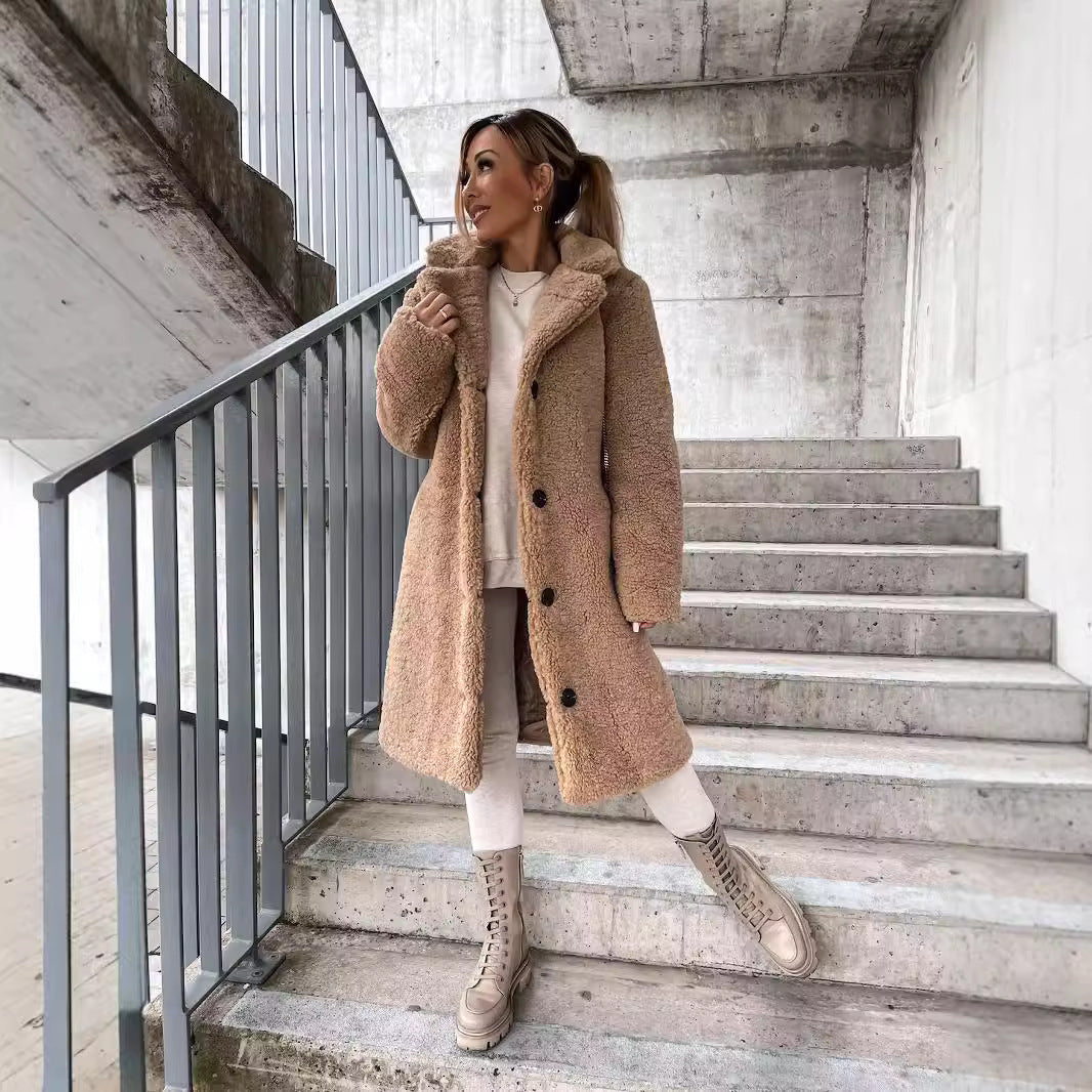 Manteau long en Teddy Faux-Shearling à boutons pour femmes avec col à revers Echoarchiv