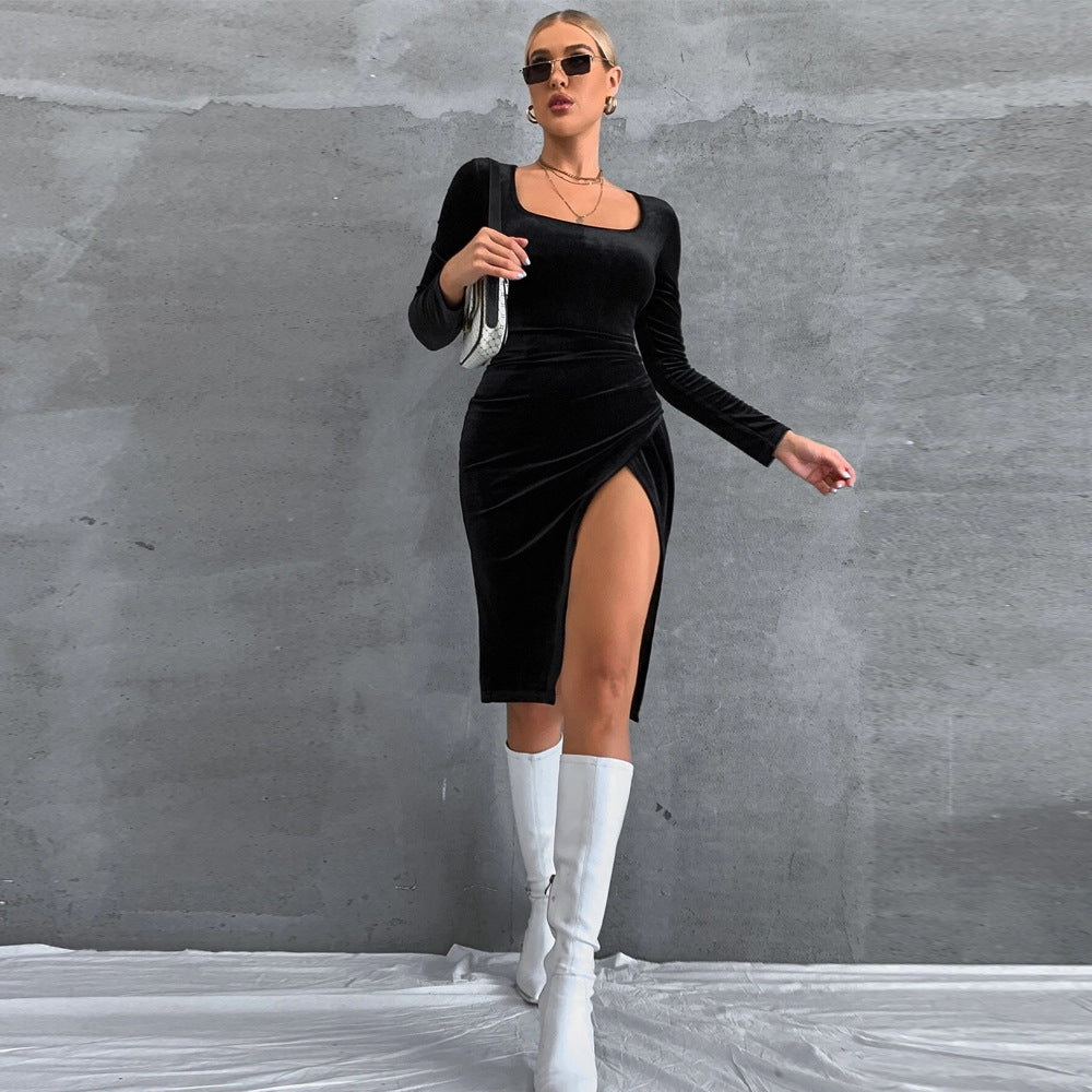 Robe midi en velours pour femme avec décolleté carré, fronces à la taille et fente latérale haute