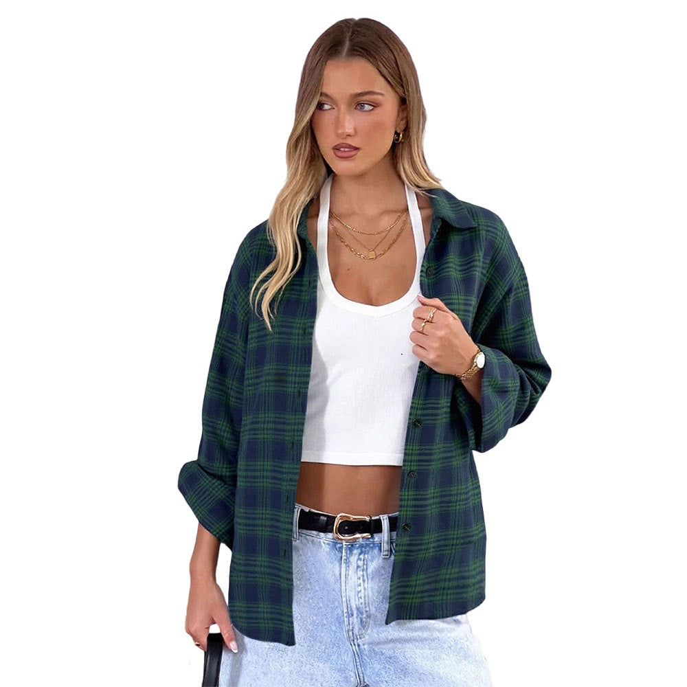 Veste chemise à carreaux oversize pour femmes avec ourlet tombant et manches à boutons