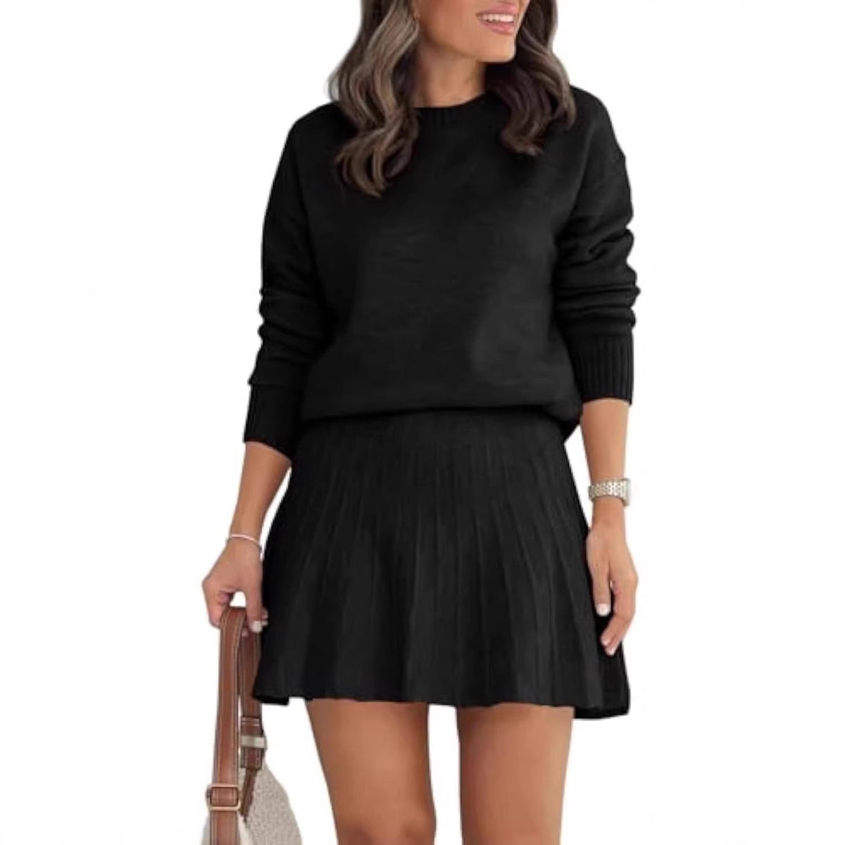 Ensemble en tricot pour femmes avec pull à col rond et mini-jupe plissée