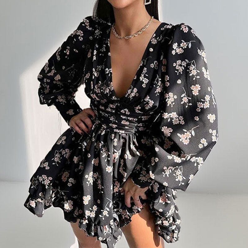 Robe Courte À Manches Amples Avec Motif Floral Et Col V Pour Femme | Idéale Pour Occasions Et Sorties