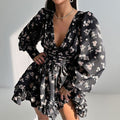 Robe Courte À Manches Amples Avec Motif Floral Et Col V Pour Femme | Idéale Pour Occasions Et Sorties