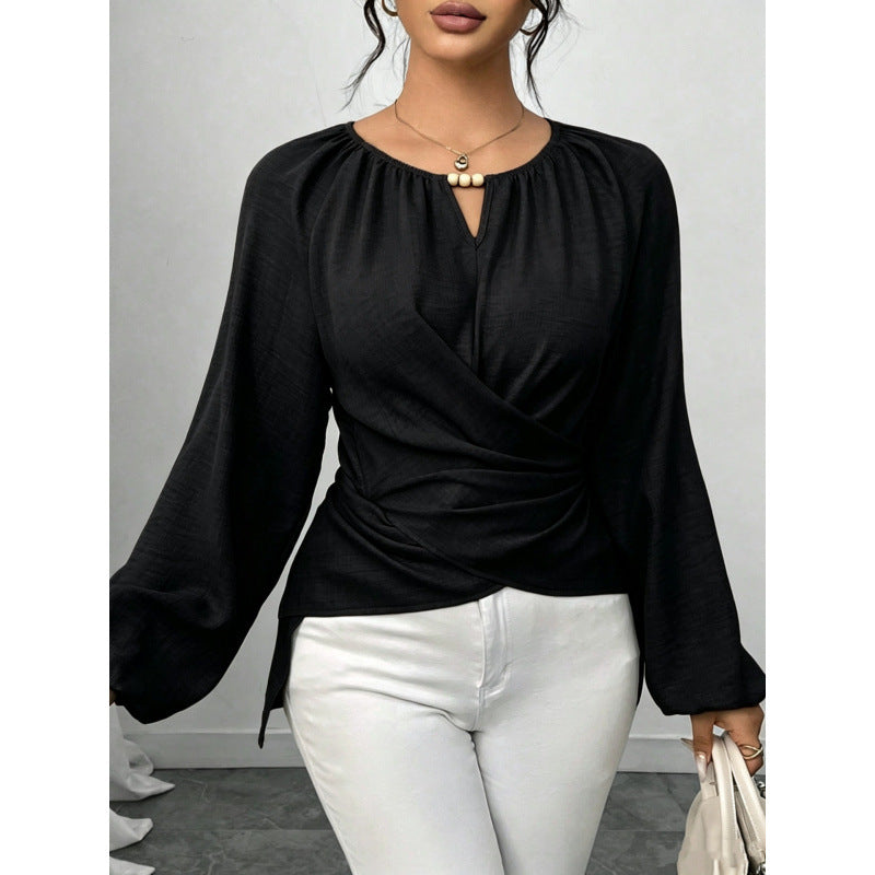 Blouse wrap cintrée pour femmes avec détail de perles et manches ballon Echoarchiv