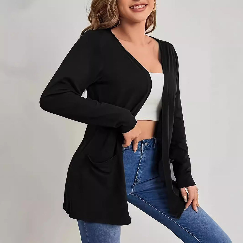 Cardigan Long Ouvert en Maille Fine pour Femme avec Poches et Décolleté en V Discret Echoarchiv
