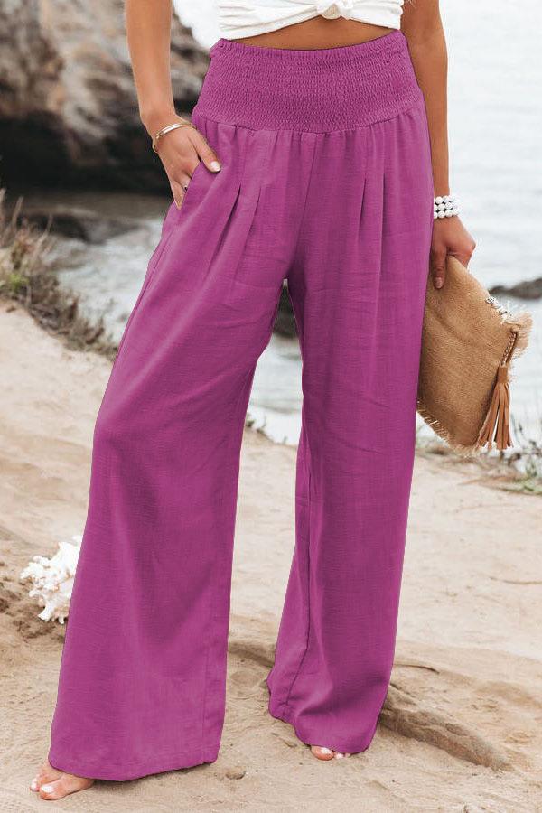 Pantalons larges smockés taille haute en mélange de lin pour femmes Echoarchiv