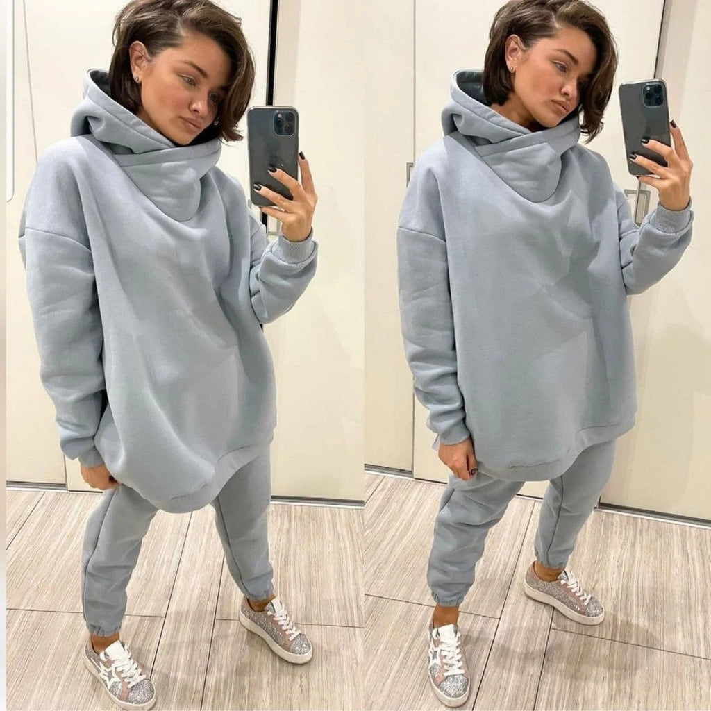 Ensemble en polaire oversize pour femmes avec capuche volumineuse, col châle incurvé et pantalon de jogging confortable