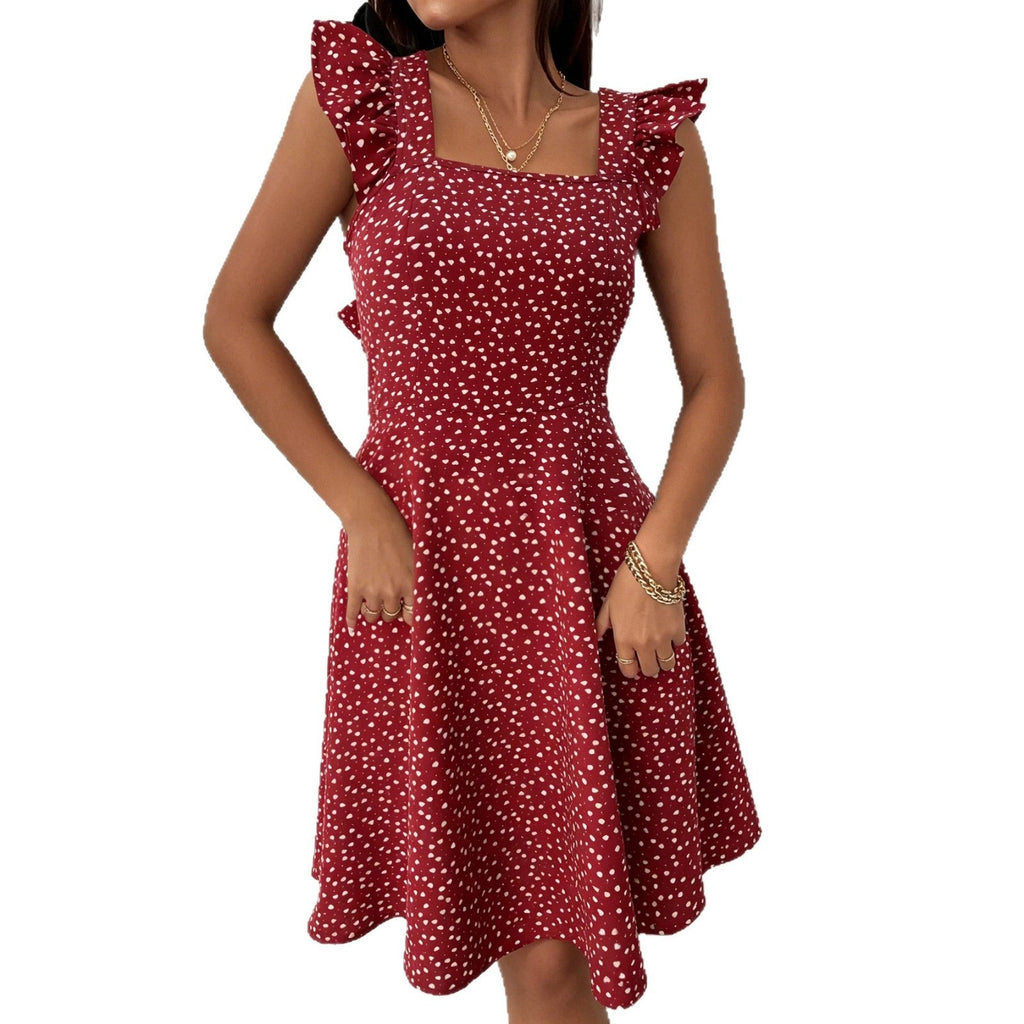 Robe décontractée pour femme, coupe trapèze, avec encolure carrée et manches à volants