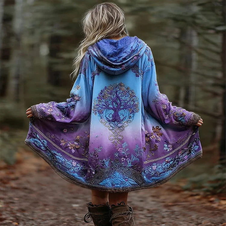 Manteau à capuche Boho pour femmes en coupe évasée avec motif arbre et dégradé Echoarchiv