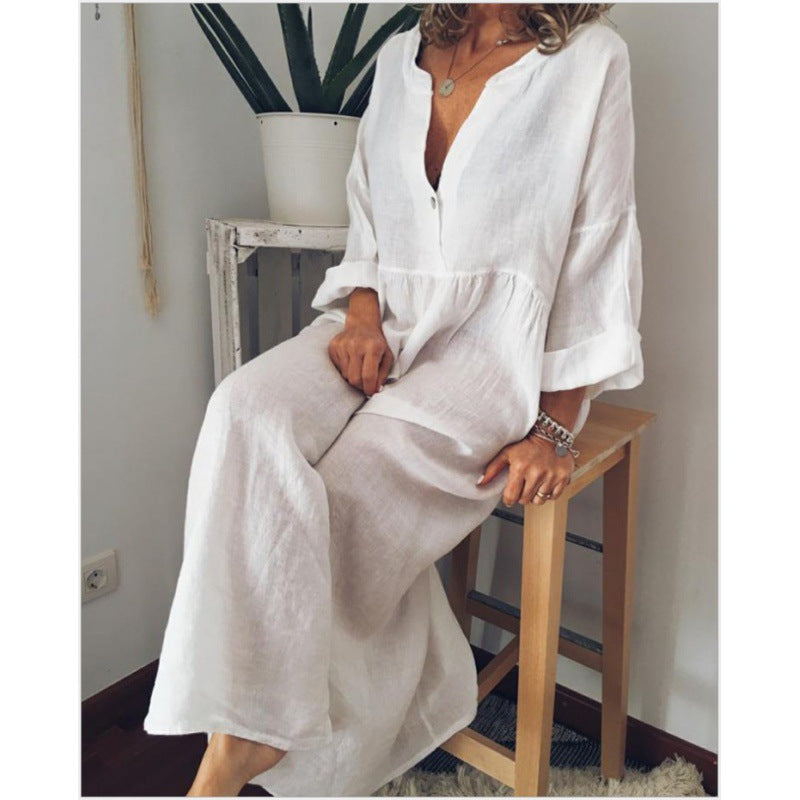 Robe maxi en lin pour femmes avec décolleté en V, taille froncée et manches 3/4 Echo Archive